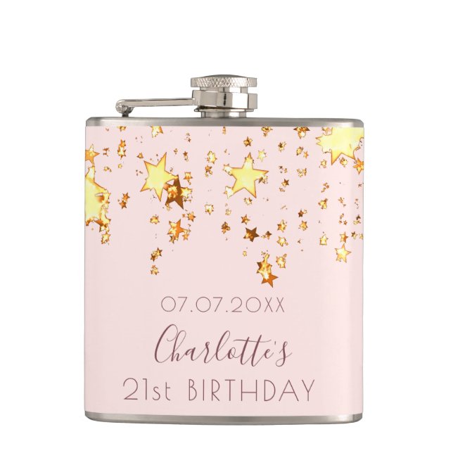 Birthday rose gold blush stars name hip flask (Front)