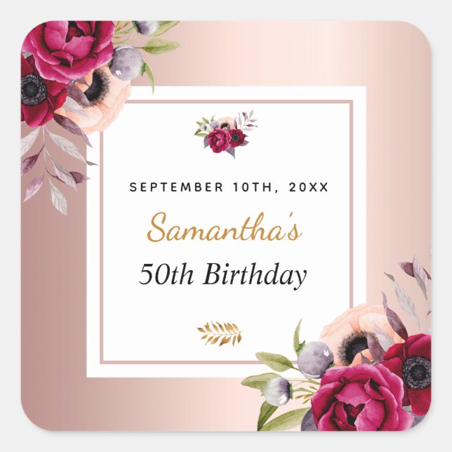 Birthday rose gold burgundy floral elegant square  square sticker (Front)