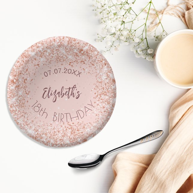 Birthday rose gold confetti girl name paper plate (Creator Uploaded)