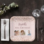 Birthday rose gold confetti photo paper plate<br><div class="desc">For a girly and glamourous 50th (or any age) birthday party. A rose gold gradient background decorated with confetti. The text: The name is written in dark rose gold with a large modern hand lettered style script. Personalize and add name, age 50 and 3 of your own photos of the...</div>