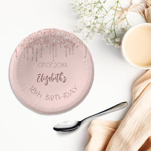 Birthday rose gold drips girl name paper plate