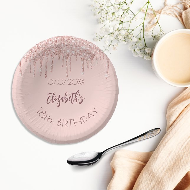 Birthday rose gold drips girl name paper plate (Creator Uploaded)