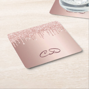 Birthday rose gold drips pink monogram initials square paper coaster