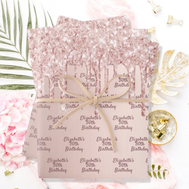 Birthday rose gold drips pink name wrapping paper sheet (Creator Uploaded)