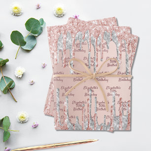 Birthday rose gold drips pink silver name wrapping paper sheet