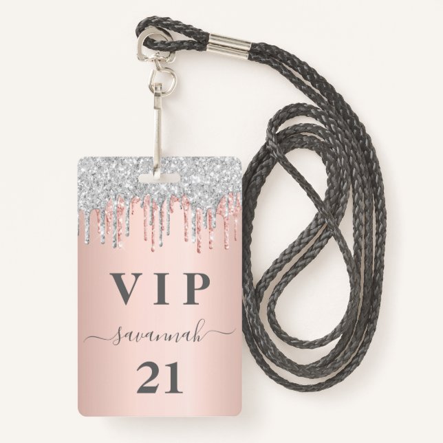 Birthday rose gold drips pink silver vip badge (Front with Lanyard)