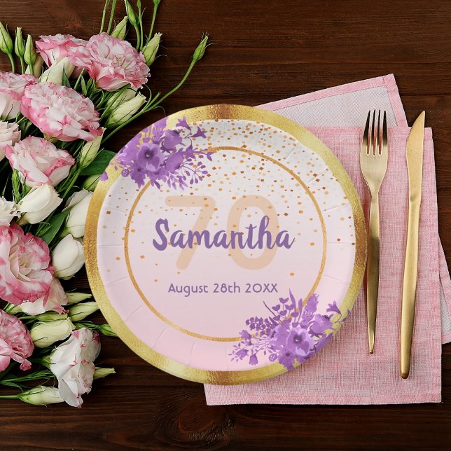 Birthday rose gold floral elegant name paper plate (Creator Uploaded)