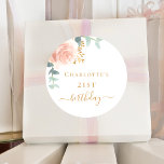 Birthday rose gold floral eucalyptus greenery classic round sticker<br><div class="desc">For an elegant 21th (or any age) birthday party. A stylish white background. Decorated with green watercolored rose gold and blush pink floral,  rose,  eucalyptus leaves,  sprigs,  greenery,  faux gold leaves.  Personalize and add a name and age.</div>