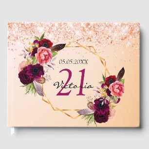 Birthday rose gold floral geometric glitter dust guest book