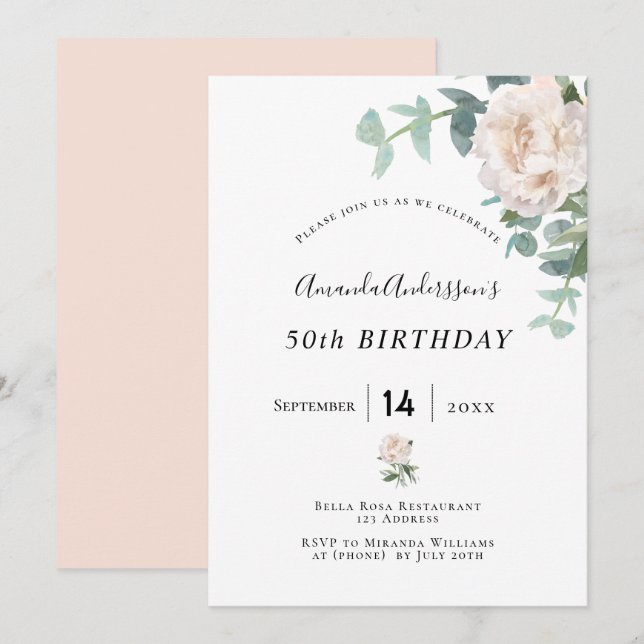 Birthday rose gold floral whitegreenery elegant invitation (Front/Back)