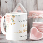 Birthday rose gold florals eucalyptus  name coffee mug<br><div class="desc">For an elegant 21st (or any age) birthday party.  A chic white background. Decorated with rose gold and blush pink florals,  flowers (roses)and green watercolored eucalyptus leaves,  sprigs,  greenery and faux gold sprigs. Personalize and add a name,  age and a date. Black and golden letters.</div>