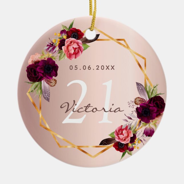 Birthday rose gold geometric burgundy florals chic ceramic ornament (Front)
