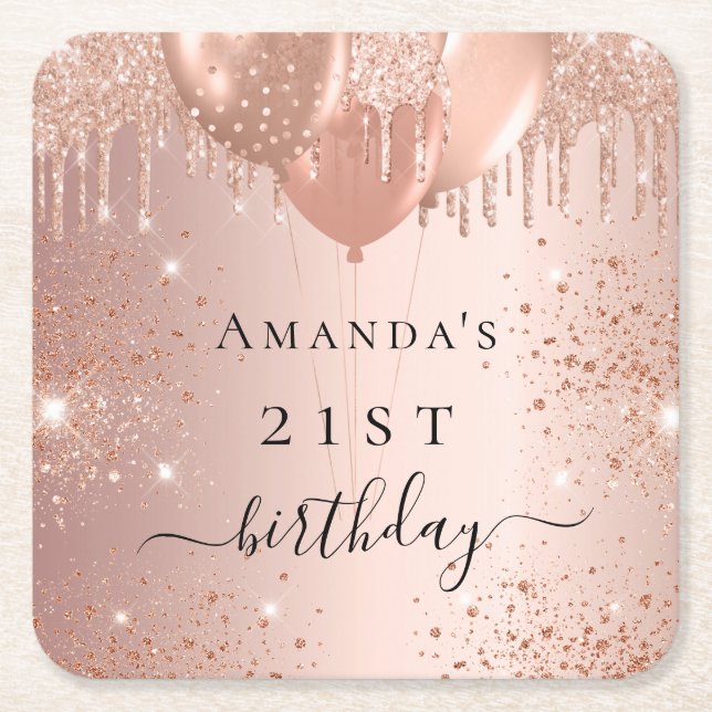 Birthday rose gold glitter balloons glam square paper coaster (Front)