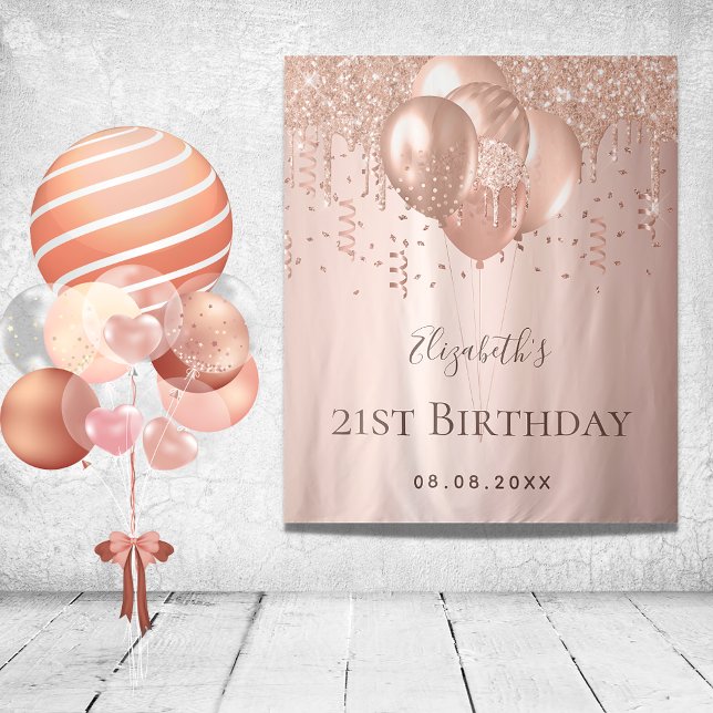 Birthday rose gold glitter balloons monogram tapestry (Creator Uploaded)