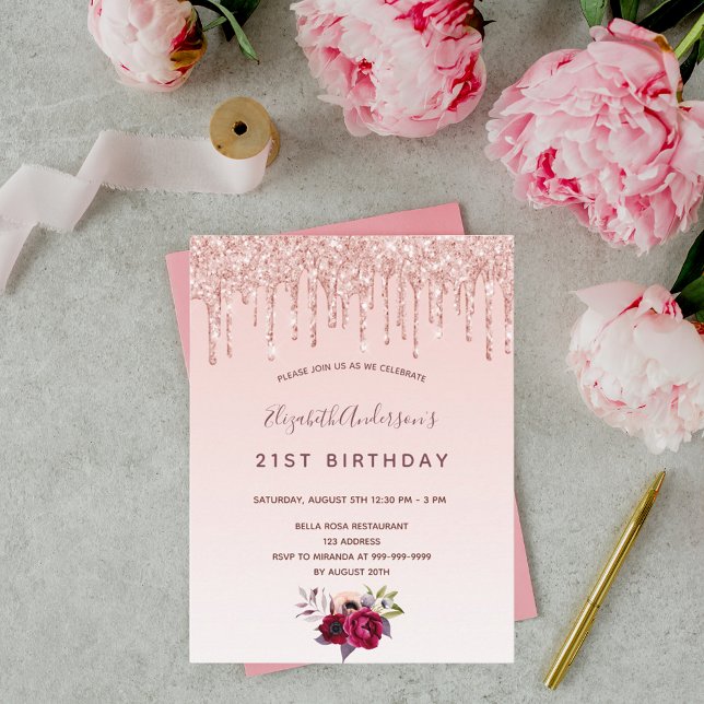 Birthday rose gold glitter blush pink invitation postcard (Creator Uploaded)