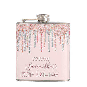 Birthday rose gold glitter dripping silver friends hip flask