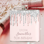 Birthday rose gold glitter dripping silver friends hip flask<br><div class="desc">A gift for a girly and glamorous 50th (or any age) birthday party. A light rose gold, pink background with elegant faux rose gold and silver glitter drips, paint drip look. The text: The name is written in dark rose gold with a large modern hand lettered style script. Personalize and...</div>