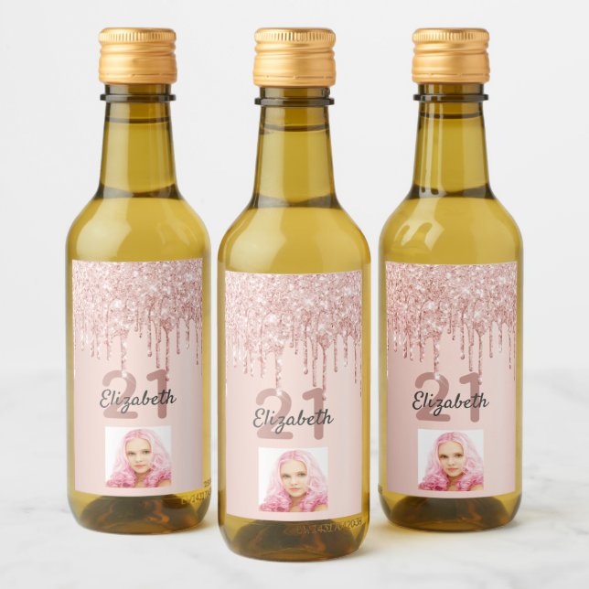 Birthday rose gold glitter drips blush photo wine label (Bottles)
