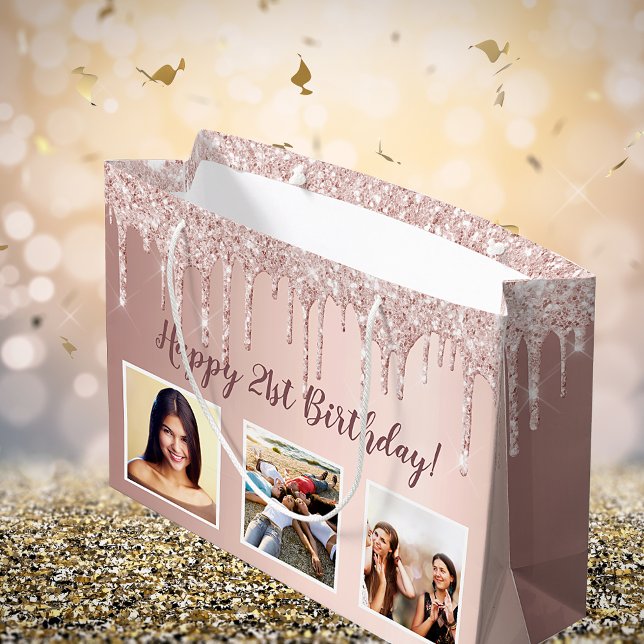 Birthday rose gold glitter drips custom photo large gift bag (Creator Uploaded)