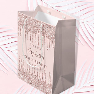 Birthday rose gold glitter drips monogram luxury medium gift bag