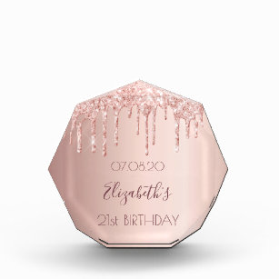 Birthday rose gold glitter drips pink 21 acrylic award