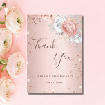 Birthday rose gold glitter dust florals metal thank you card<br><div class="desc">A thank you card for a 50th (or any age) birthday. A rose gold faux metallic looking background colour. Decorated with rose gold and white florals and faux glitter dust. On front, a large hand lettered script and the text: Thank You, your text, title and a date. Back: personalize and...</div>