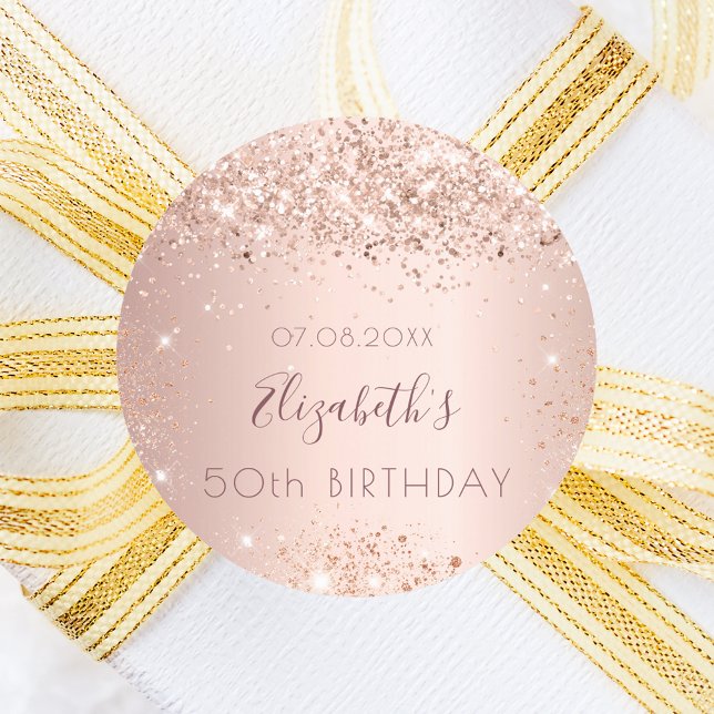 Birthday rose gold glitter dust monogram name classic round sticker (Creator Uploaded)