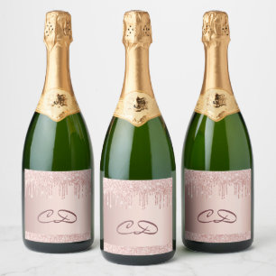 Birthday rose gold glitter monogram initials sparkling wine label