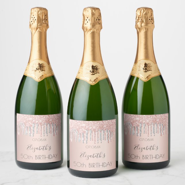 Birthday rose gold glitter pink silver sparkle sparkling wine label (Bottles)