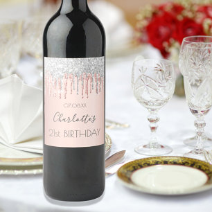 Birthday rose gold glitter pink silver sparkle wine label
