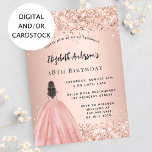 Birthday rose gold glitter princess dress invitation<br><div class="desc">A modern,  stylish and glamourous invitation for a 18th (or any age) birthday party.  A rose gold background with faux gold glitter dust,  a girl wearing a ball gown.  The name is written with a modern hand lettered style script.  Personalize and add your party details.</div>