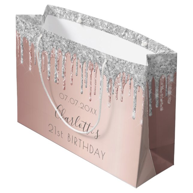 Birthday rose gold glitter silver pink name large gift bag (Back Angled)