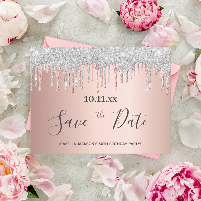 Birthday rose gold glitter silver save the date postcard (Creator Uploaded)