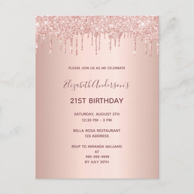 Birthday rose gold invitation postcard (Front)