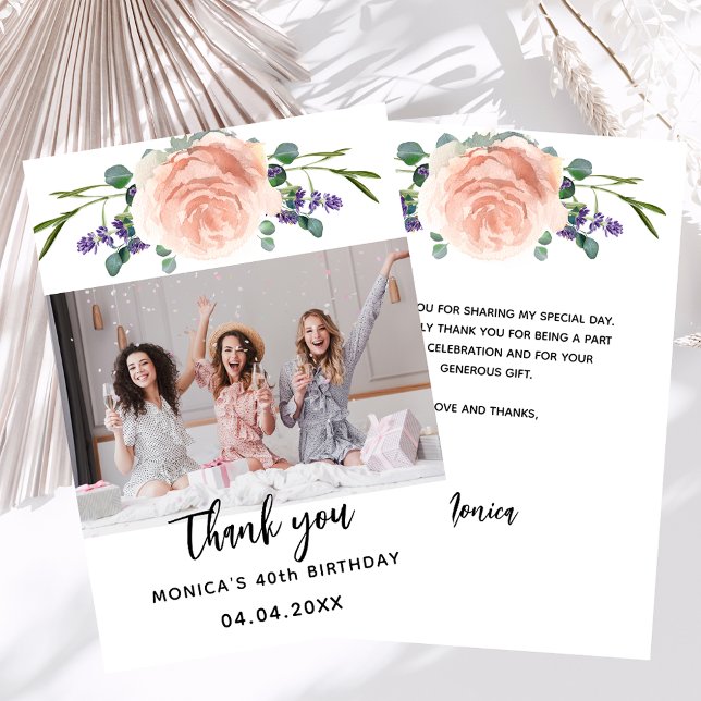 Birthday rose gold lavender floral photo thank you card (Creator Uploaded)