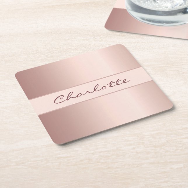 Birthday rose gold monogram name square paper coaster (Angled)
