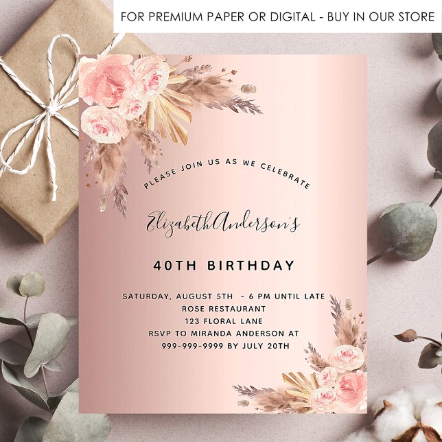 Birthday rose gold pampas floral budget invitation flyer (Creator Uploaded)