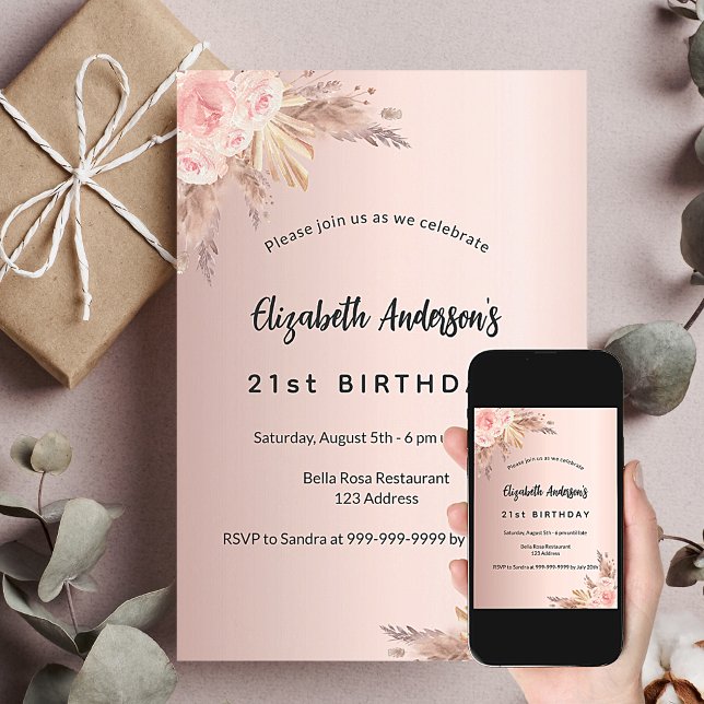 Birthday rose gold pampas grass floral boho invitation (Creator Uploaded)