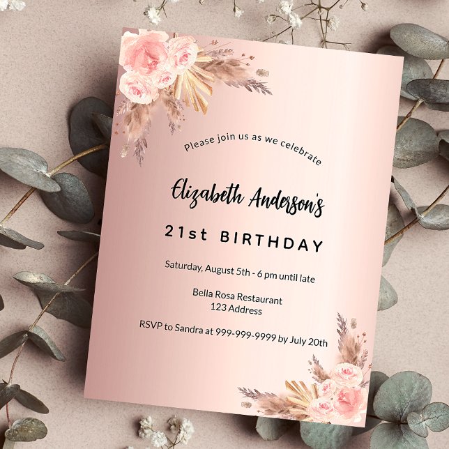 Birthday rose gold pampas grass floral boho invitation postcard (Creator Uploaded)