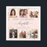 Birthday rose gold photo collage best friends napkin<br><div class="desc">For a woman's 21st (or any age) birthday, celebrating her life with a collage of 6 of your high quality photos of her, her friends, family, interest or pets. Personalize and add her name, age 21 and your names. Grey text. A girly and feminine rose gold background colour. Her name...</div>