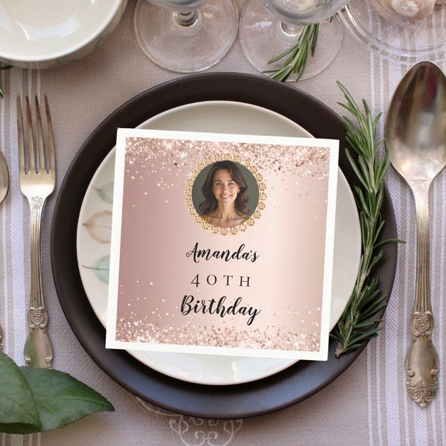 Birthday rose gold photo diamonds napkin (Creator Uploaded)
