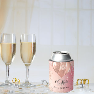 Birthday rose gold pink balloons monogram name can cooler