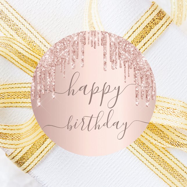 Birthday rose gold pink drips party classic round sticker (Creator Uploaded)