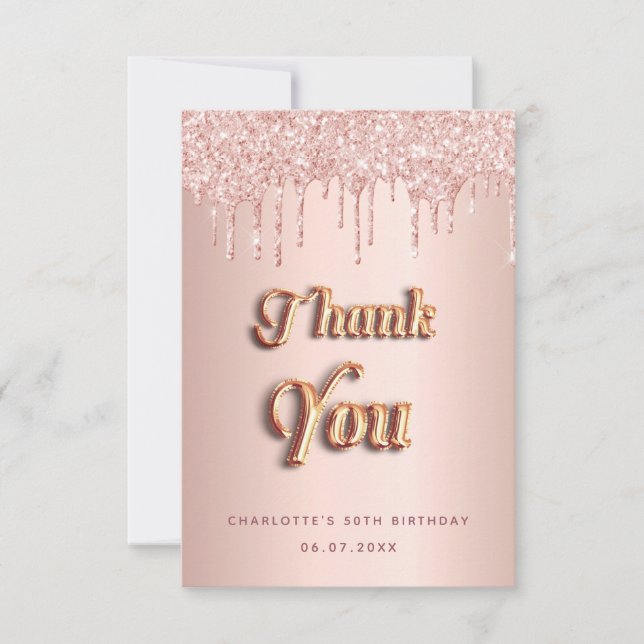 Birthday rose gold pink drips  thank you card (Front)