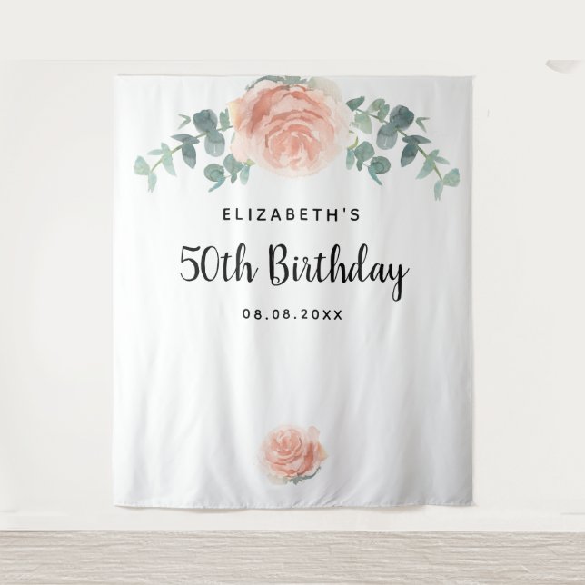 Birthday rose gold pink floral eucalyptus white tapestry (Front)
