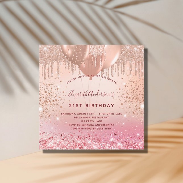 Birthday rose gold pink glitter balloons glam invitation (Creator Uploaded)