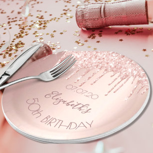 Birthday rose gold pink glitter drips name paper plate