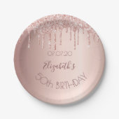 Birthday rose gold pink glitter drips name paper plate (Front)