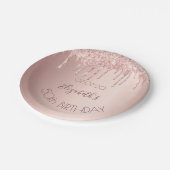 Birthday rose gold pink glitter drips name paper plate (Angled)