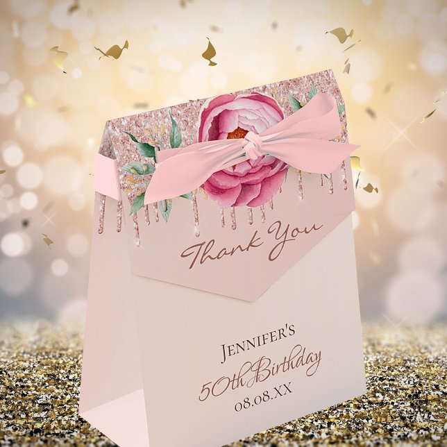 Birthday rose gold pink glitter floral thank you favor box (Creator Uploaded)